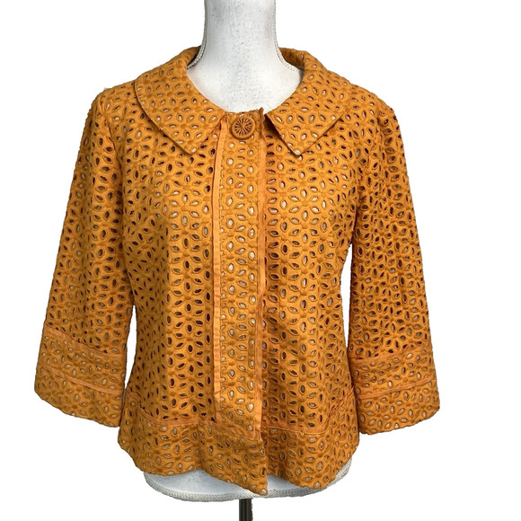 Chico's Blazer Jacket size 1 8/10 Orange Linen Eyelet Boho Wedding Church Boho - Picture 1 of 12